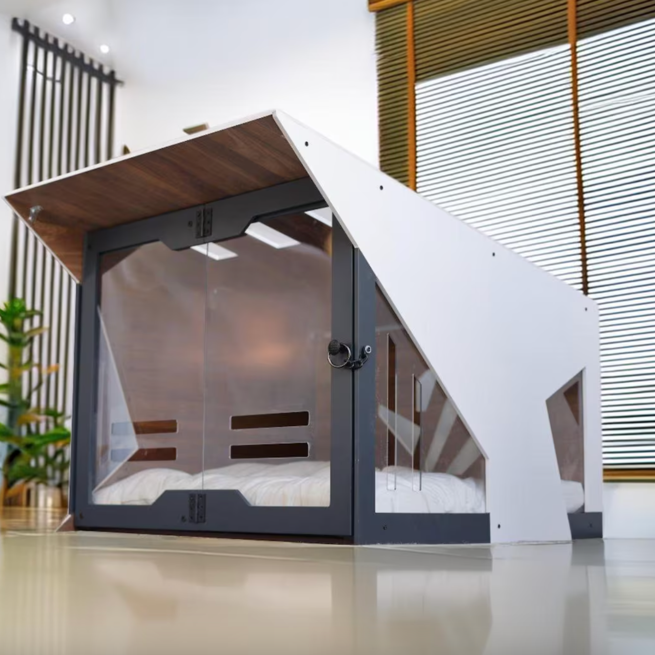 Master White Dog House styled in a living room